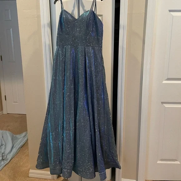 fiesta fashion blue dress Blue Unique Beaded Satin Dress With Lace-Up Back And Leg Slit main image 0